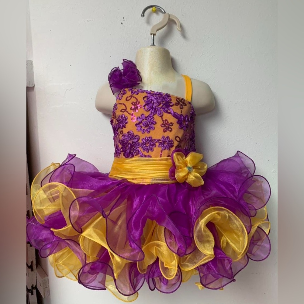 12/18 Month Purple & Yellow Gold Corset Cupcake Pageant Dress & headband Bow NWT